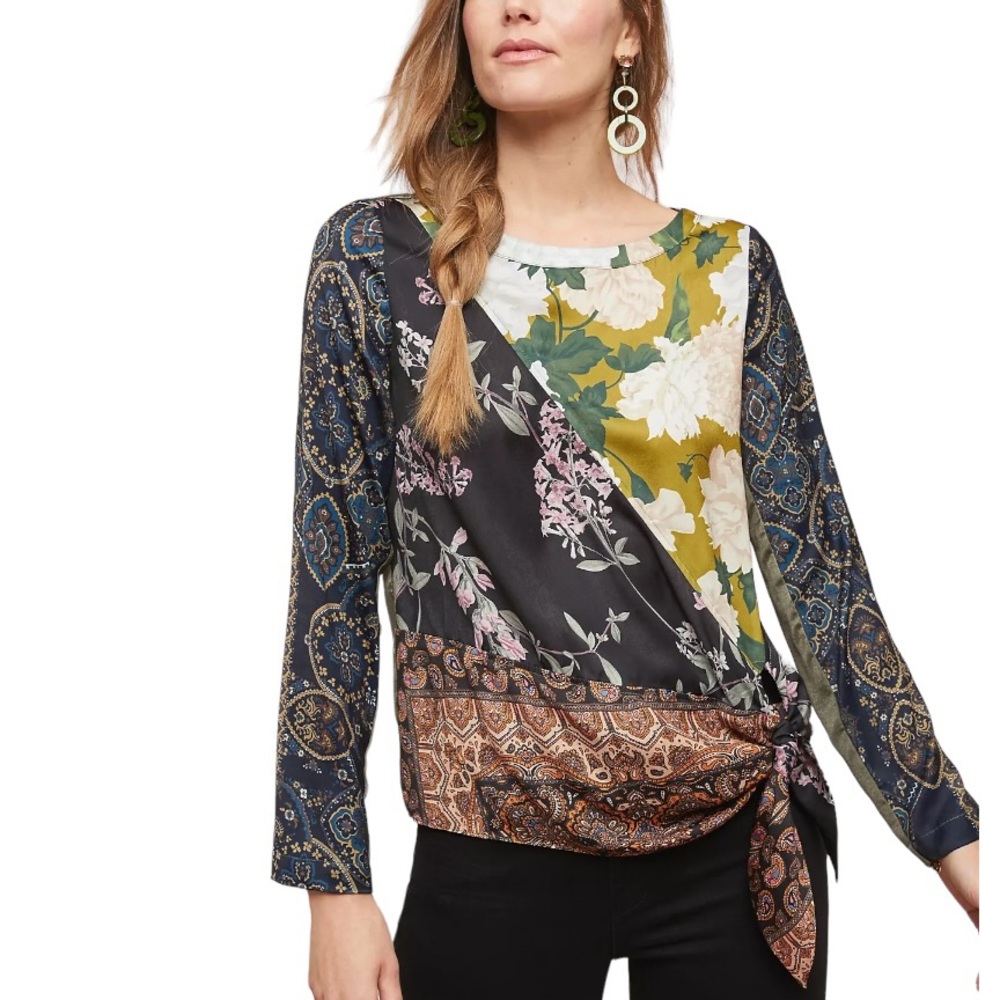 Anthropologie Tiny Patchwork Blooms Tie Waist Blo… - image 2